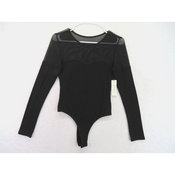 Francesca's Bodysuit Womens Medium Black Mesh Sheer Long Sleeve Ribbed TFD6D180 - Picture 1 of 10